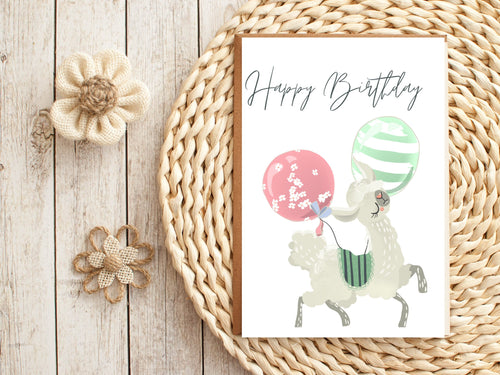 Llama Birthday Card: Balloons, Shimmer printed card (5x7)