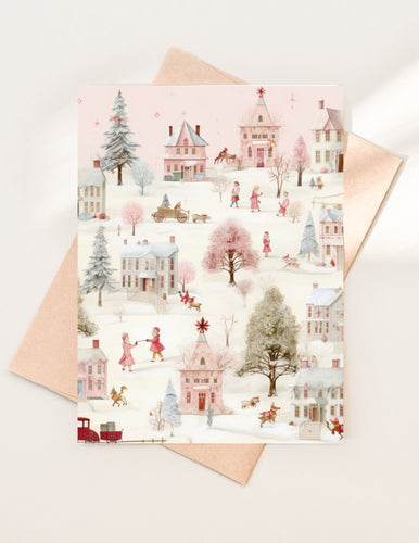 Pink Christmas Village Card: Shimmer Cardstock, Holiday Greetings