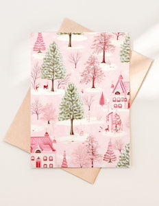 Pink Christmas Village Card: Shimmer Cardstock, Holiday Greetings