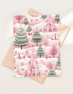 Pink Christmas Village Card: Shimmer Cardstock, Holiday Greetings